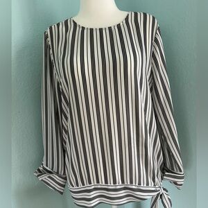 Black and white stripe blouse with fun cuff and waist detail